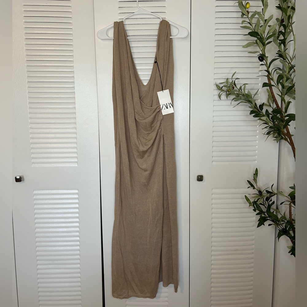 Zara, size Medium, Tan long dress with slit.